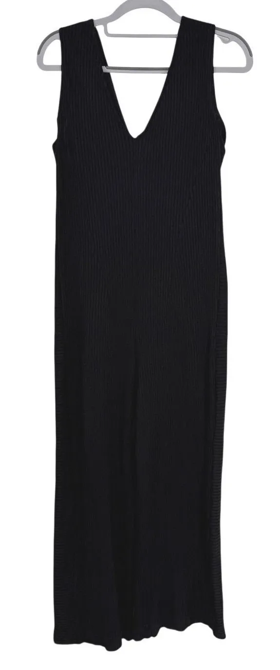 AYR Black Ribbed Knit Sleeveless Wide Leg Jumpsuit Size Medium V-Neck Viscose