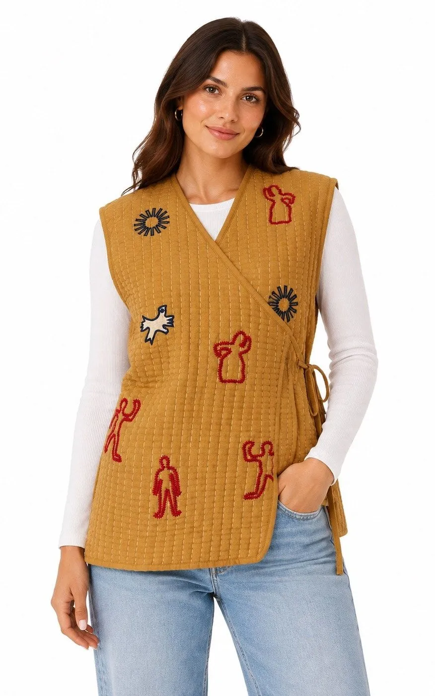 Zara Retro Bohemian Cottagecore Tan Quilted Adjustable V-Neck Wrap Vest