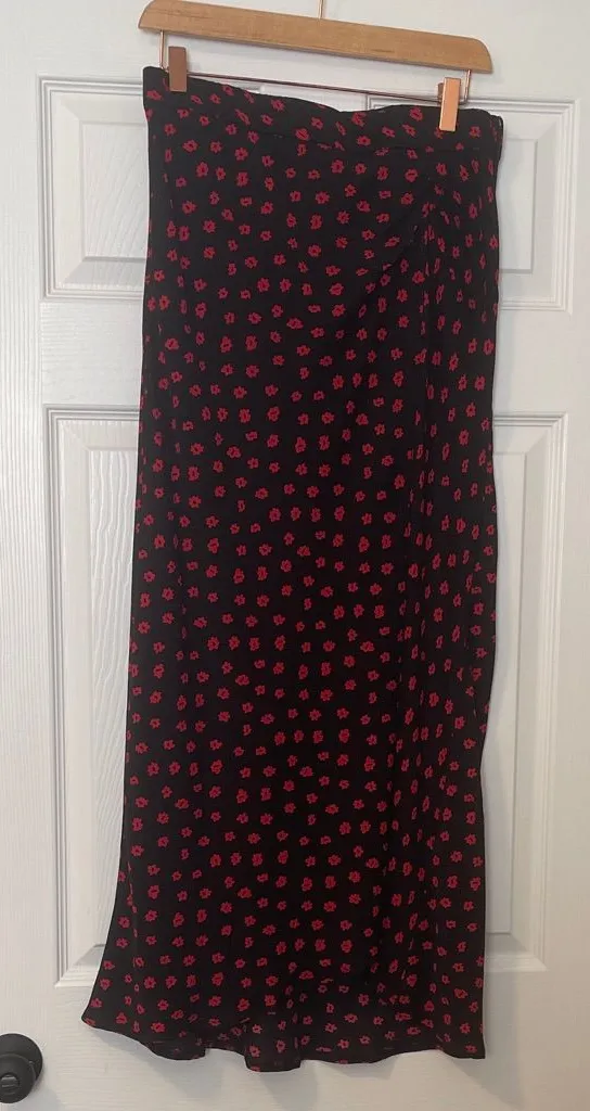 Black Midi Skirt with Slit Red Floral Print