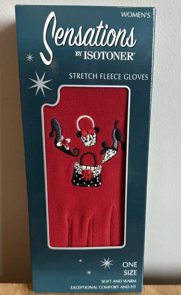 NWT Sensations by Isotoner Vintage 2005 Embroidered Stretch Fleece Gloves Red OS