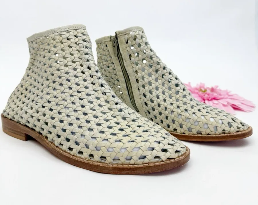 Free People Cayne Woven Leather Bootie Ankle Boots Bone