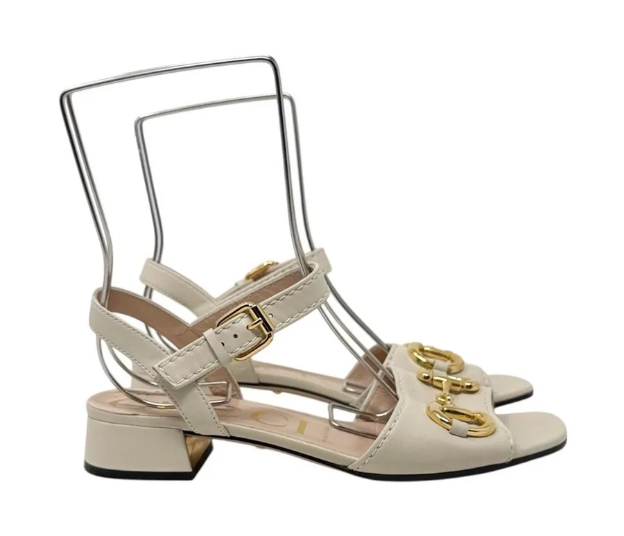Gucci Baby Horsebit Leather Low Block Heel Sandals Mystic White Ivory Size 37.5