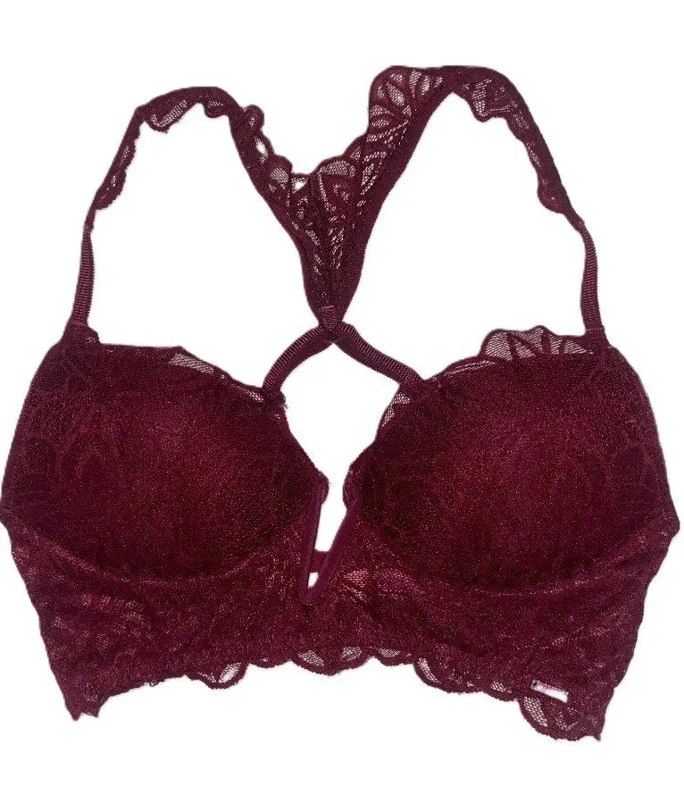 Y2K Coquette Lace Bralette Victoria Secret Burgundy Sheer Summer XS Pink Fit