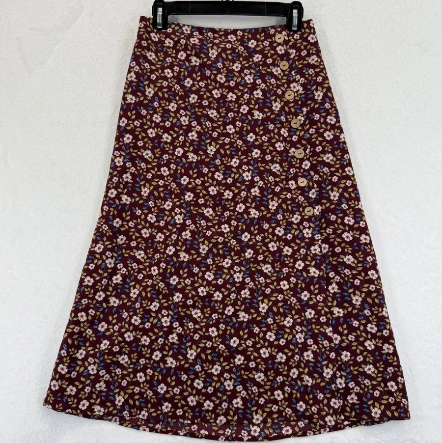 Good Luck Gem Floral A Line Skirt Button Accent Burgundy Midi Cottagecore Womens