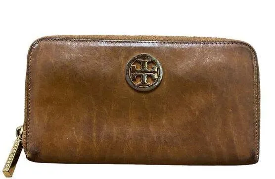 Tory Burch Continental Wallet Briwn Leather Zip Around Gold Logo Designer