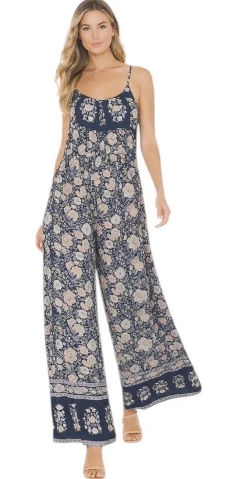 NWT FATE Navy Floral Wide Leg Jumpsuit Boho Flowy Sleeveless Size M Blue Size M