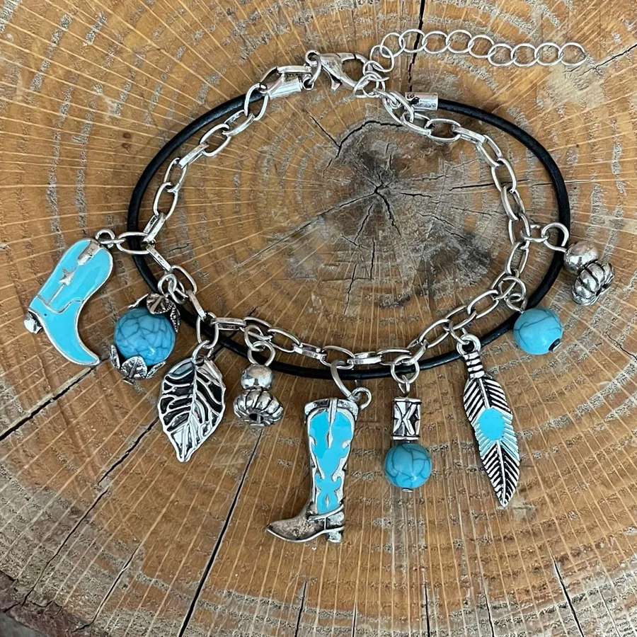 Turquoise Cowgirl Boot Charm Bracelet Silver