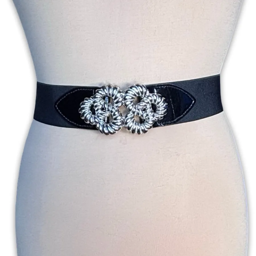 Vintage Black Stretch Statement Belt Silver Rope Buckle 80s 90s Waist Cinch Art