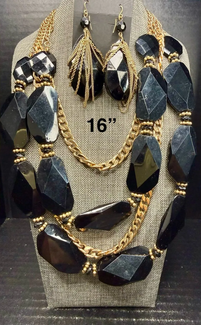 Elegant Black Faceted Stone Necklace & Earring Set