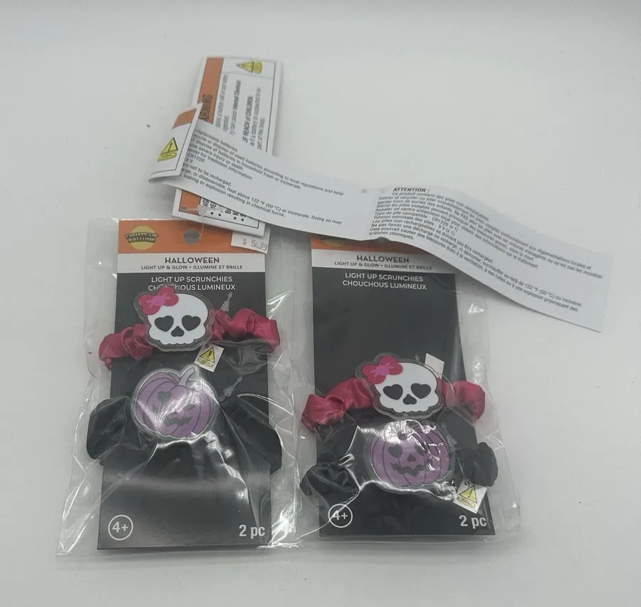 Light Up Halloween Scrunchies Lot of 2 Sets 4 Pc Skull Pumpkin Pink Black New
