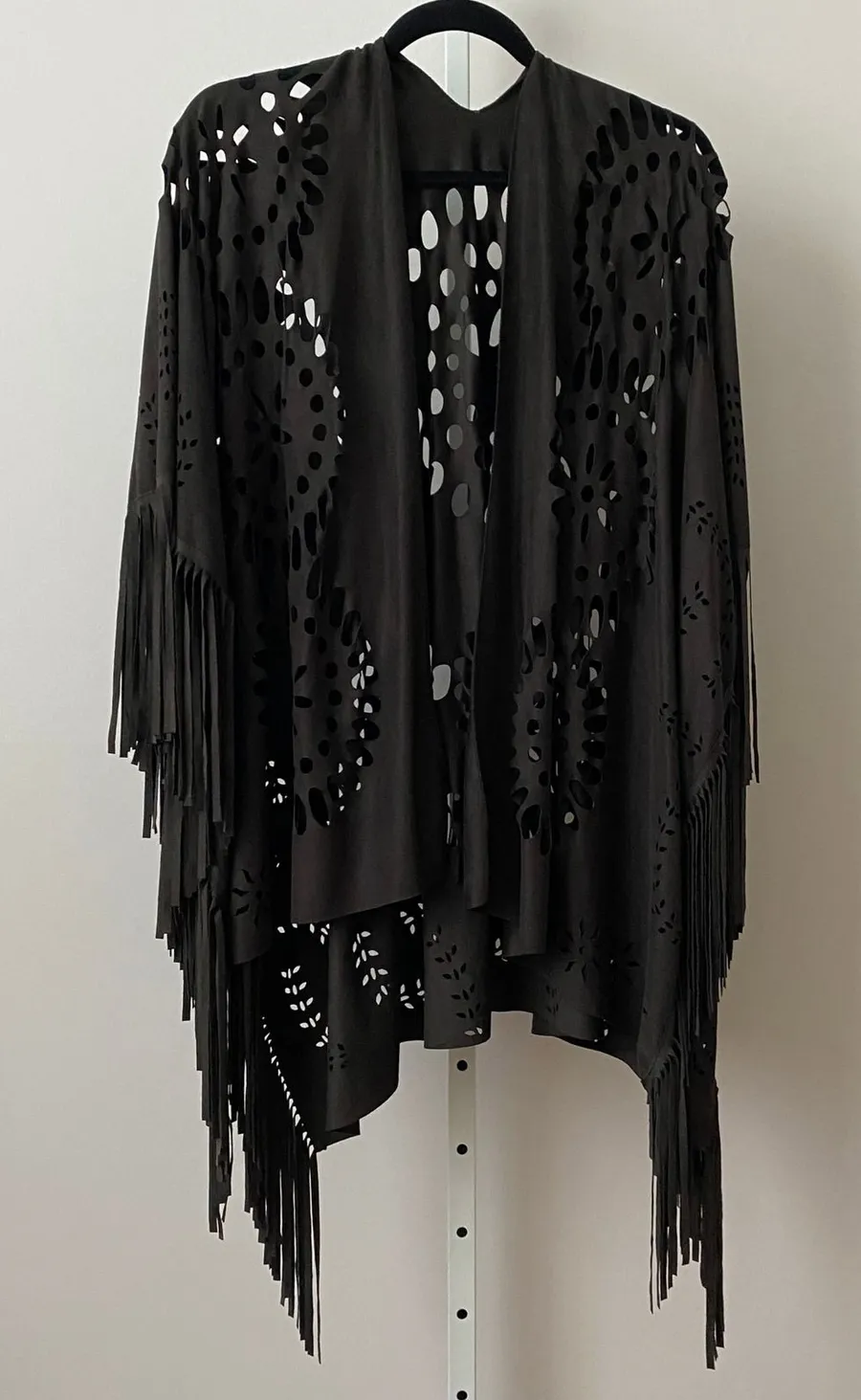 Whimsigoth Faux Suede Boho Western Witchy Laser Cut Fringe Shawl Kimono OS Black