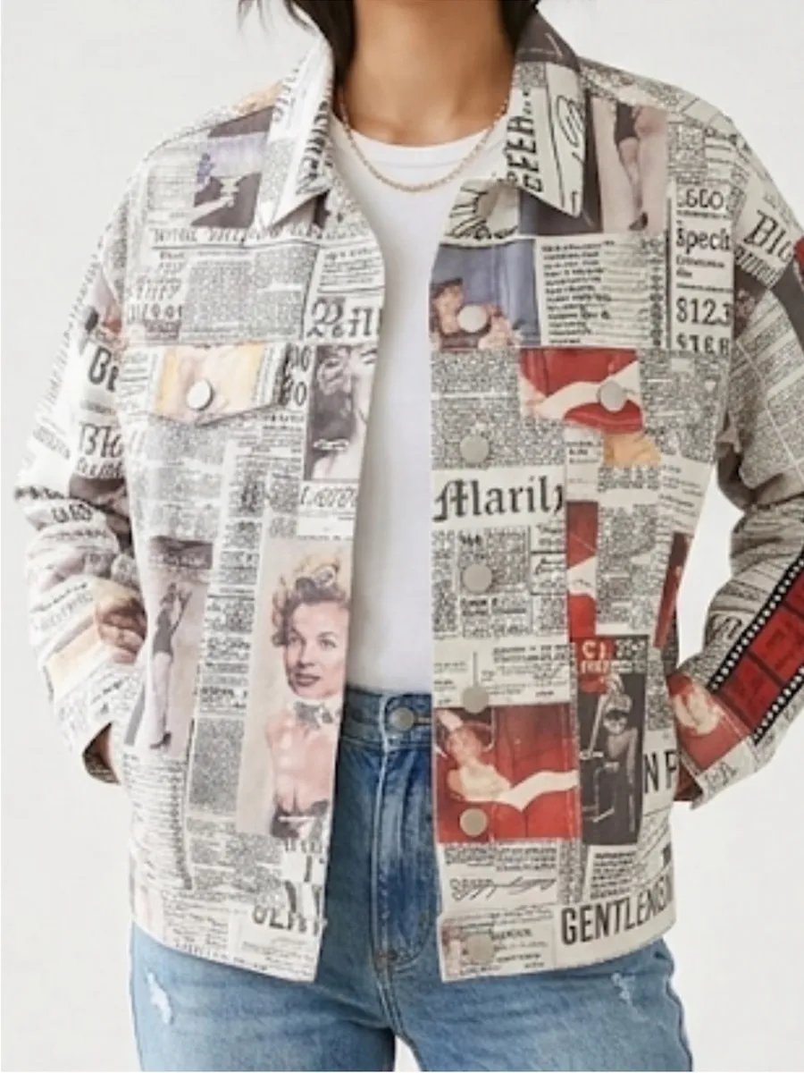 NWOT Forever 21 Marilyn Monroe Newspaper Print Denim Jacket. Size Small