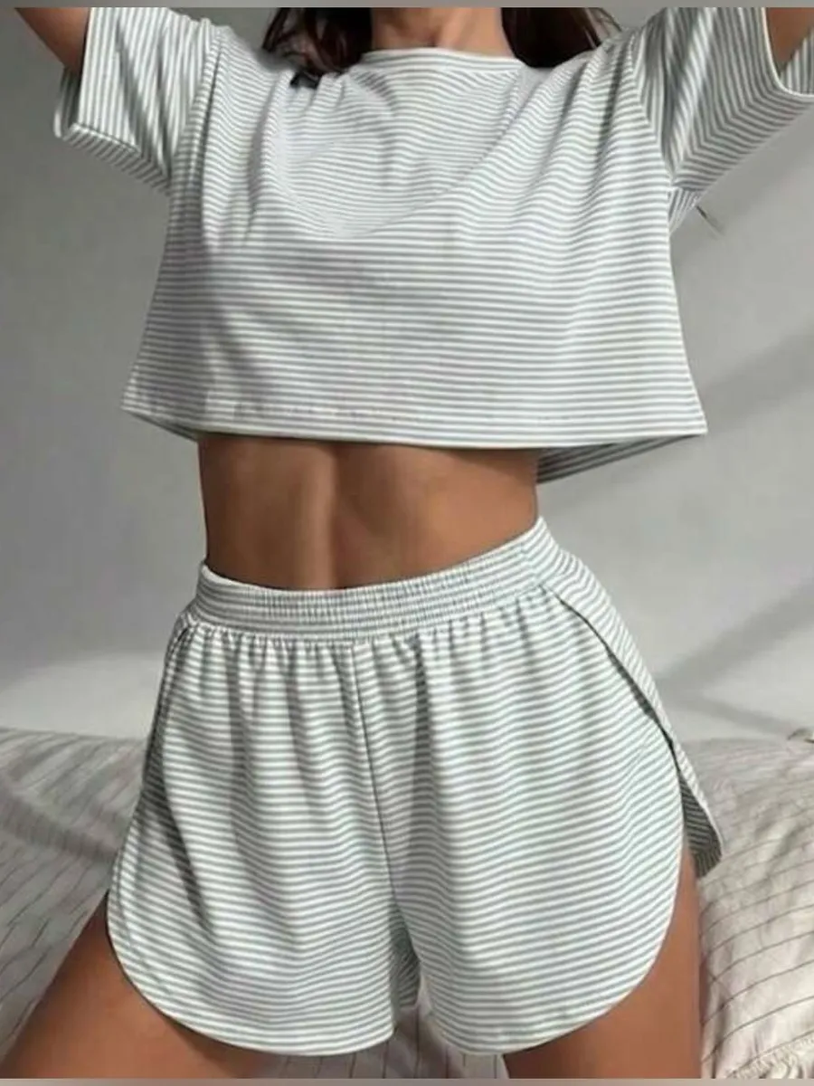 Women’s Matching Pajama Set Short Sleeve Top & Shorts Grey/White Medium White