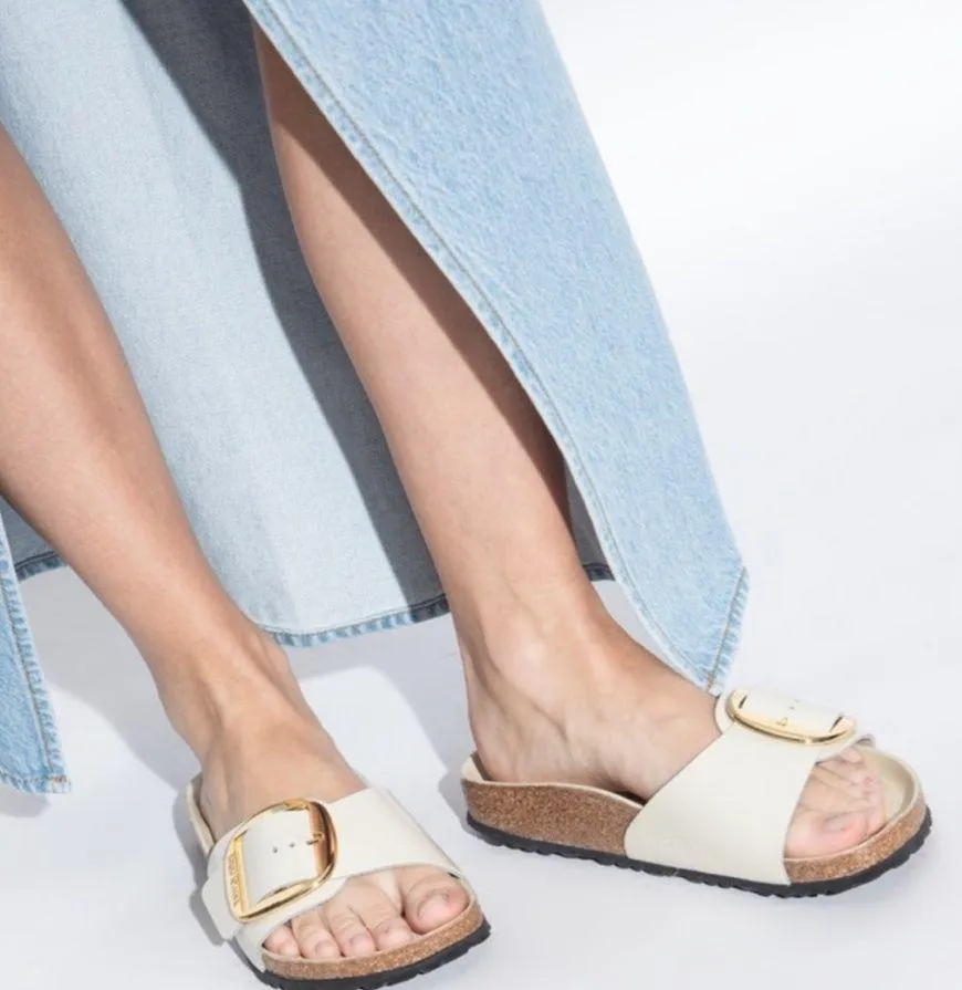 Birkenstock ⚡️ Madrid Iridescent Big Buckle Nubuck Leather Slide Sandal, Color Ecru, Size 37EU, NEW