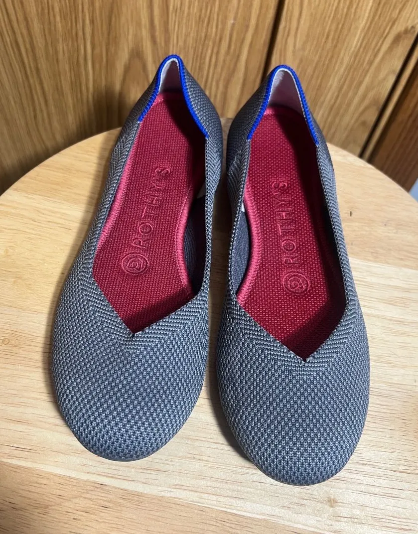 Rothy's Gray Knit Slip-On Flats with Red Insole and Blue Trim