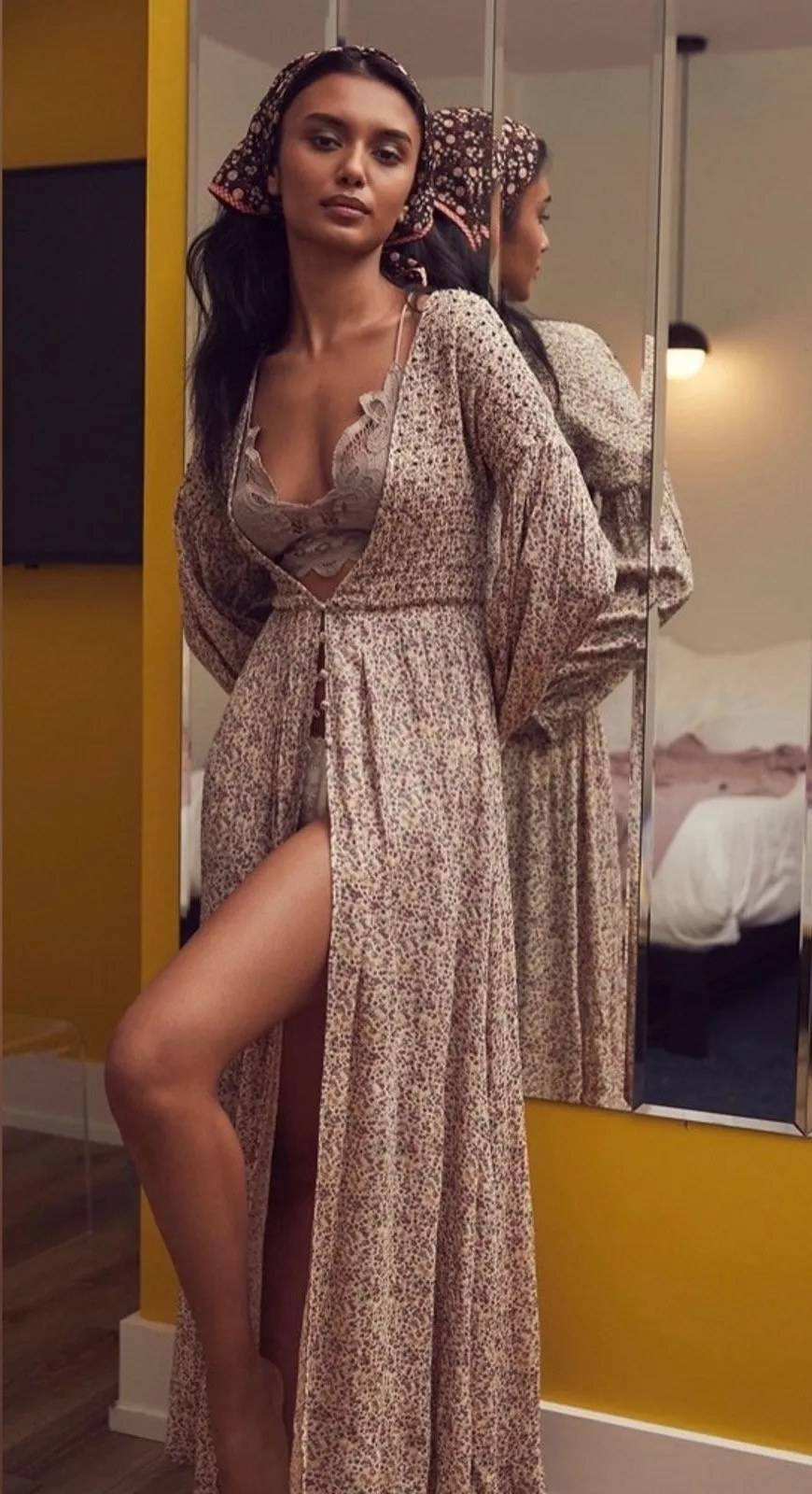 Free People Intimately Kadence Dusty Floral Boho Hippie Kimono Maxi Duster Robe