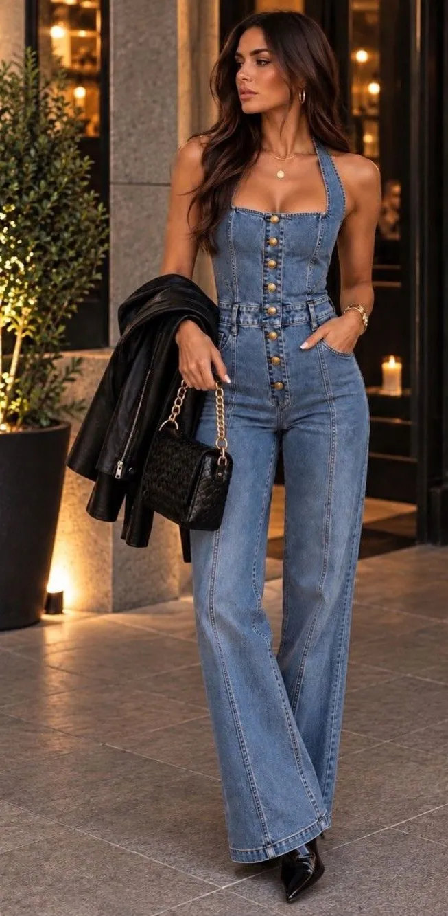 Alice + Olivia Pennie halter denim bootcut jumpsuit 29