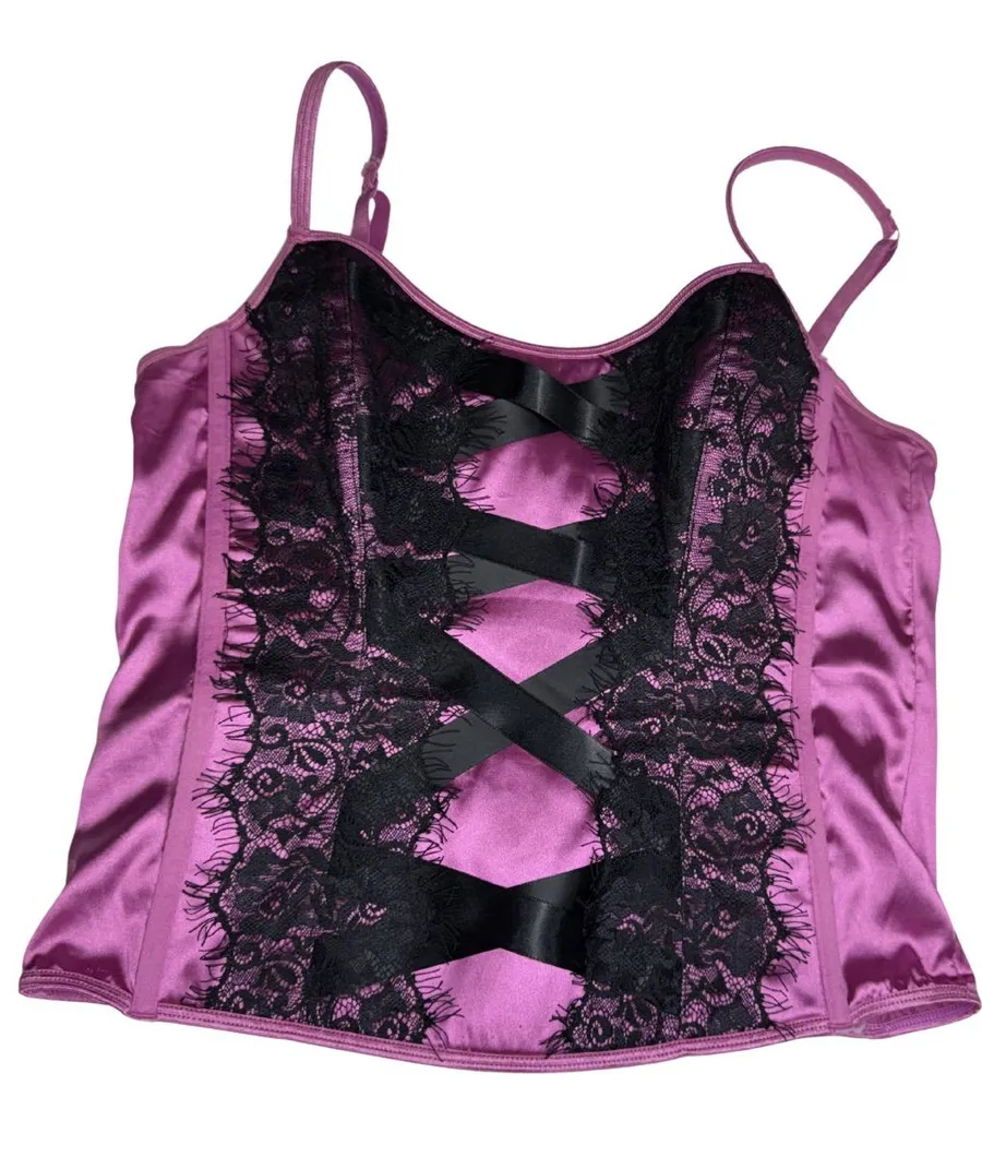 Victoria's Secret purple Pink Satin Chemise top corset Black Lace Crisscross L