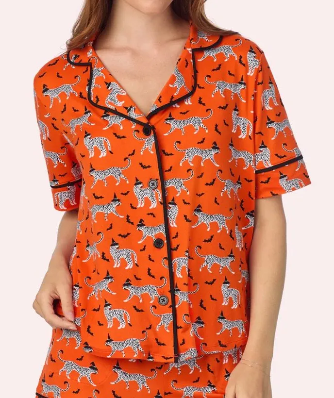Bouffants & Broken Hearts Orange Halloween Pajama Short Sleeve Top. Size Small