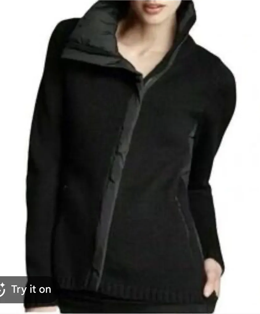 EILEEN FISHER Jacket Merino Wool Sweater Knit Parka Asymmetric Zip Black Sz S