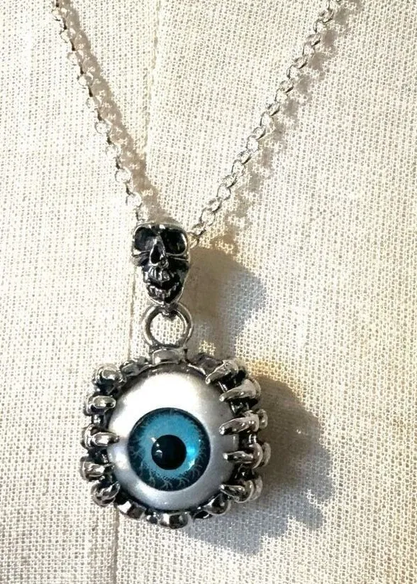 Unisex skeleton blue eye goth silver tone necklace