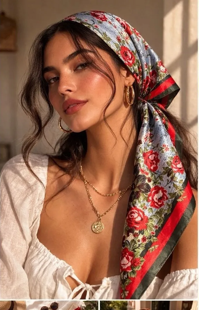 M.O.S.I Floral Satin Scarf 34"x 34" Square Red Olive Cottagecore Romantic