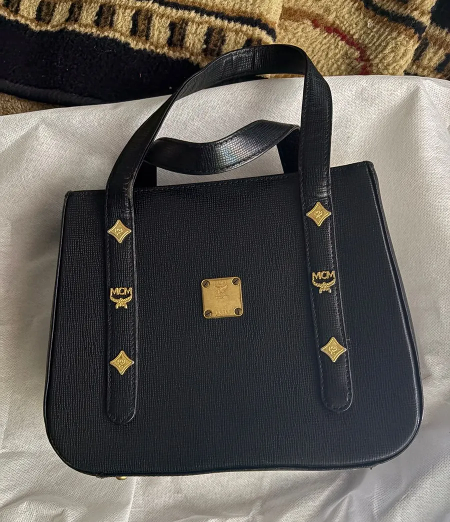 MCM Black Leather Satchel with Gold Hardware