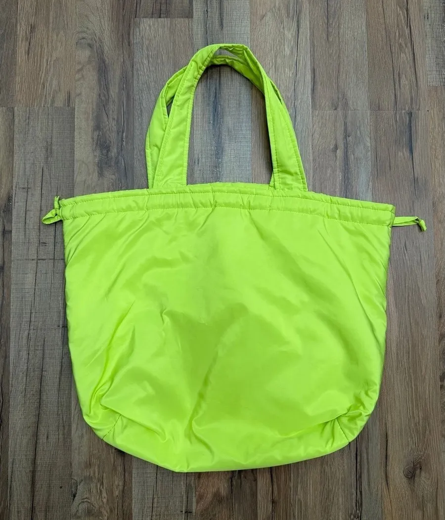 Neon Green Nylon Tote Bag Ruched Top Shoulder Bag Lightweight Large