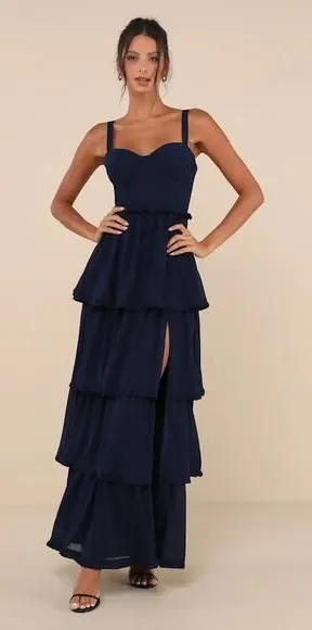 Lulus Sophisticated Occasion Navy Blue Bustier Lace-Up Maxi Dress Size L