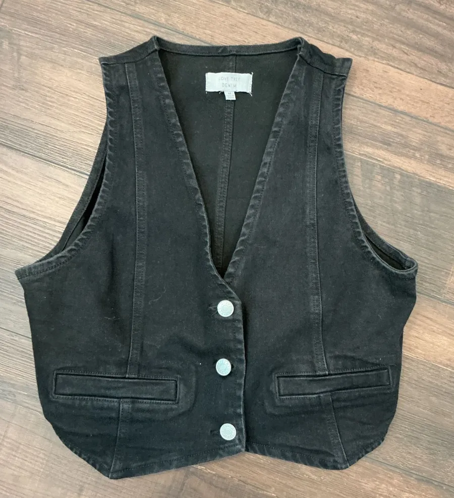 Love Tree Denim Black Button Up Cropped Vest Waistcoat M 90s Grunge Boho Utility Size M