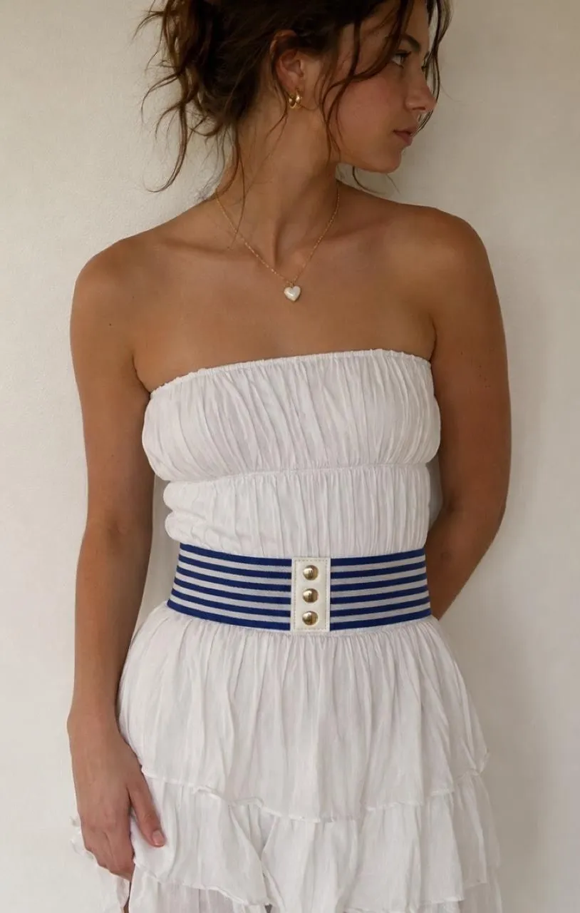 Waist Belt Blue White Nautical Stripe Stretch Cinch Euro Summer Cozy Coastal NWT