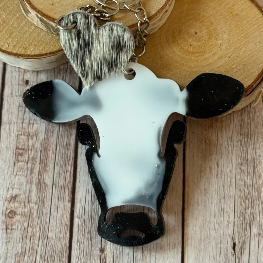 Sparkling Black and white Cow Keychain with leather cowhide heart