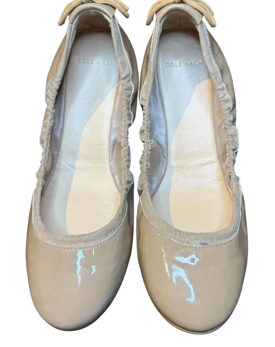 Cole Haan Shoes Womens Size 6 Beige Patent Leather Ballet Flats Bow D42512