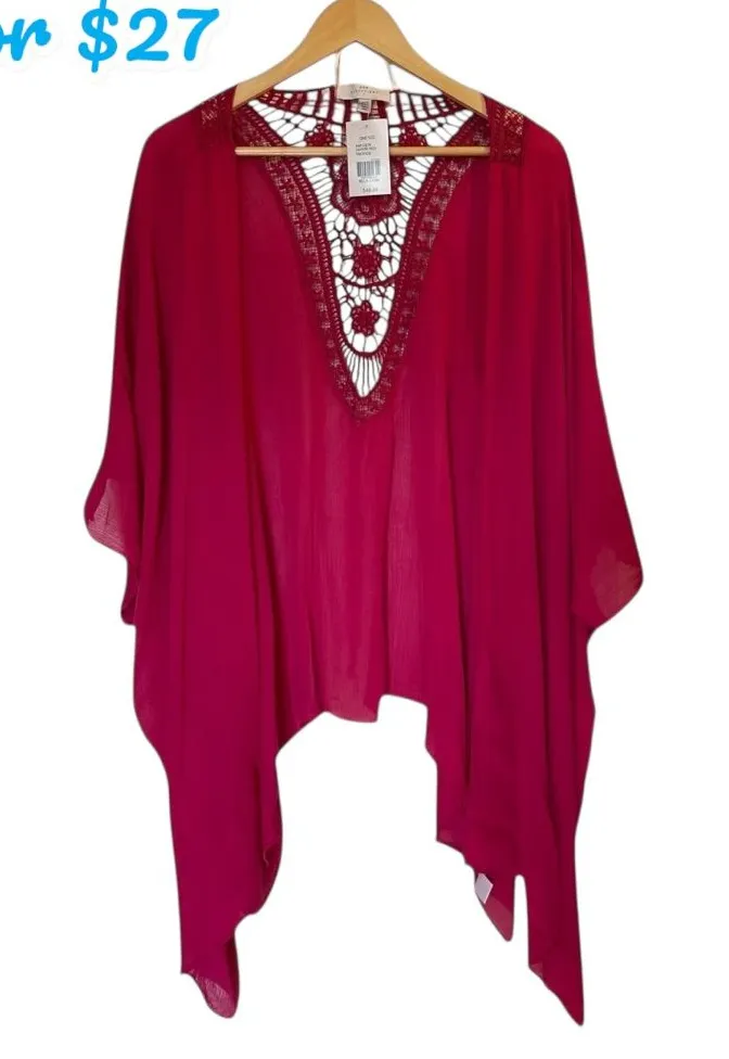 NEW DIRECTIONS Fuschia Pink/Red Lace Back Swim Cover Up Kimono Jacket Topper O/S Pink Size undefined