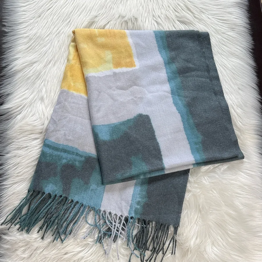 Abstract Patterned Blue and Yellow Wool Blend Pashmina Scarf