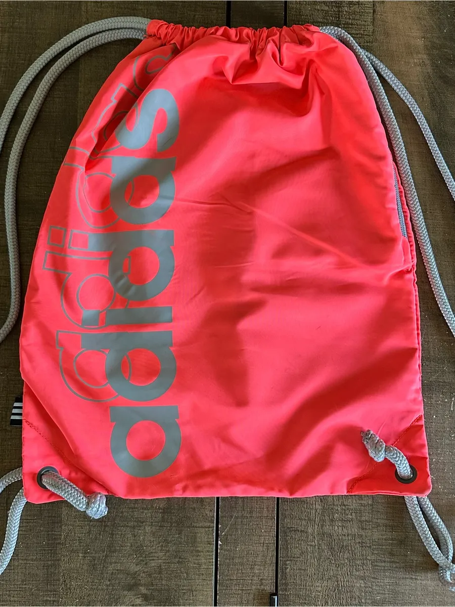 Adidas Drawstring Backpack Gym Sack Coral Pink Gray Cinch Bag Zipper Pocket