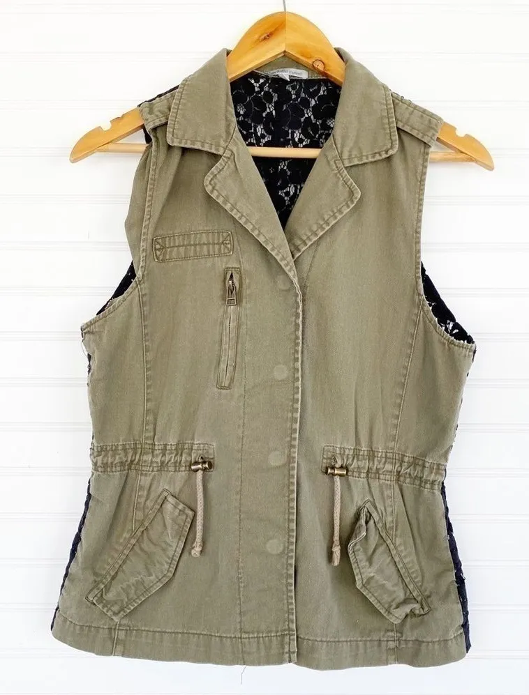Charlotte Russe Utility Vest Medium Olive Green Lace Back Drawstring Military