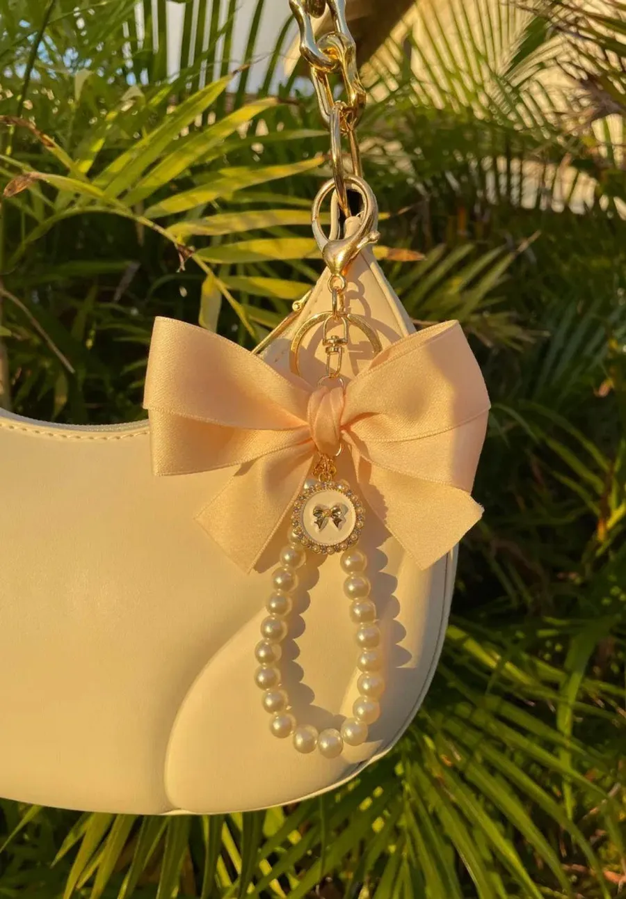 NEW Gold Cream Ribbon Bow Faux Pearl Strap Bag Charm Keychain