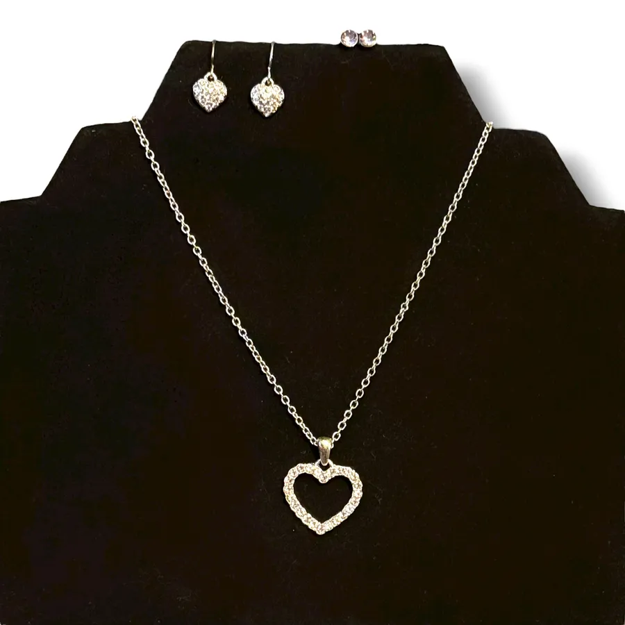 Silver tone rhinestone heart pendant necklace and earrings set