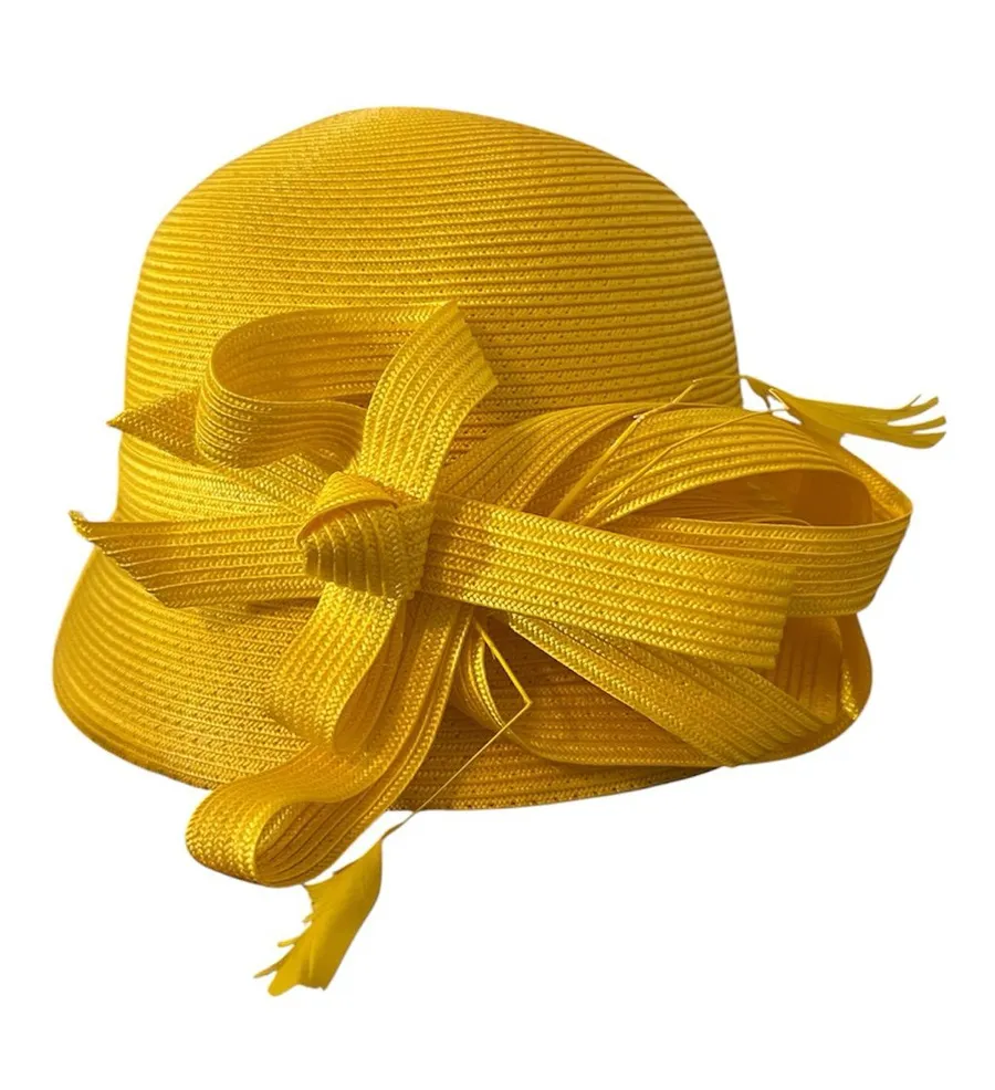 Yellow Decorative Bow Straw Cloche Hat