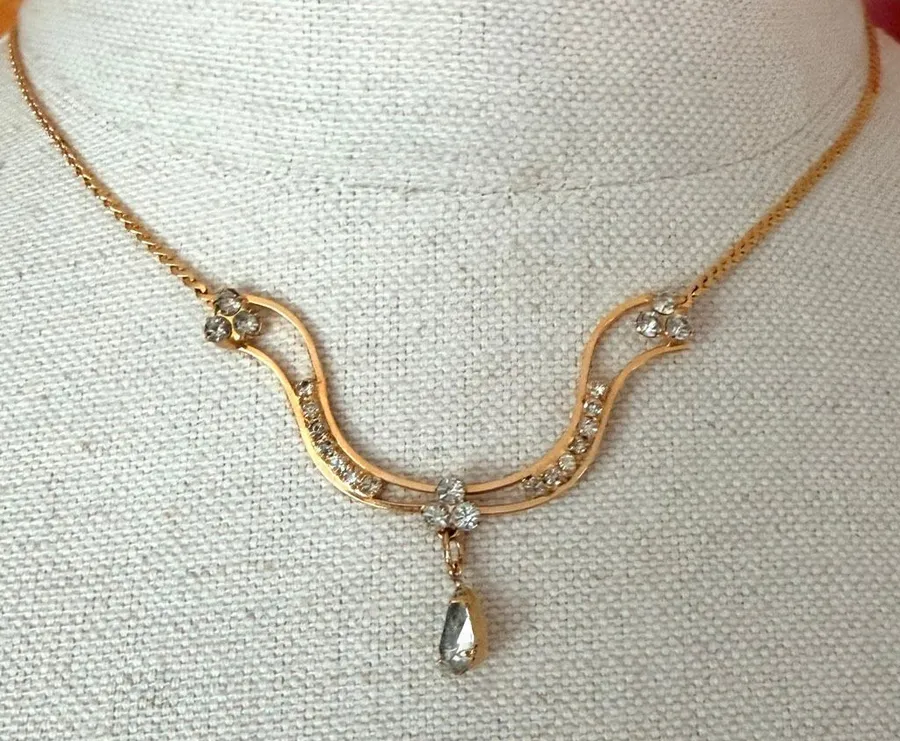 Vintage Gold Tone Rhinestone Festoon Necklace Teardrop Dangle