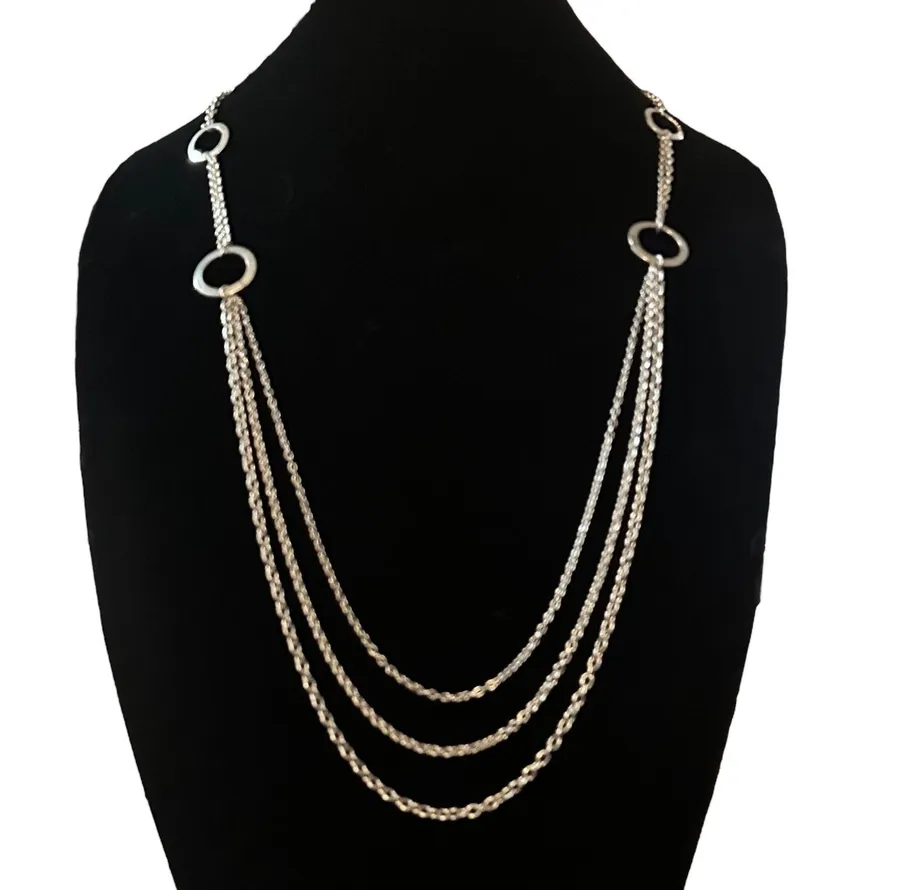 Long Layered Multi Strand Silver Tone Necklace