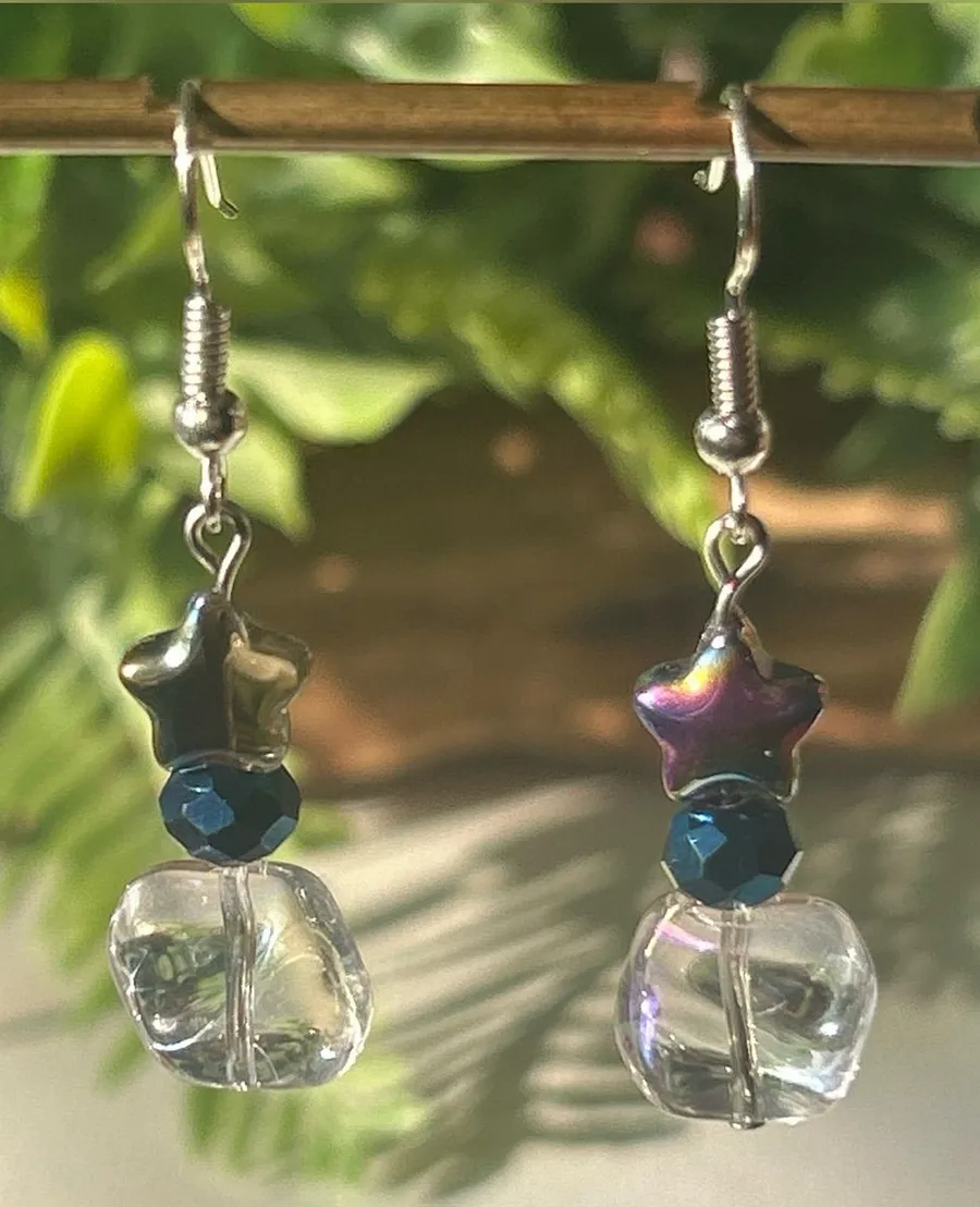 Iridescent Star Drop Earrings with Blue Accent