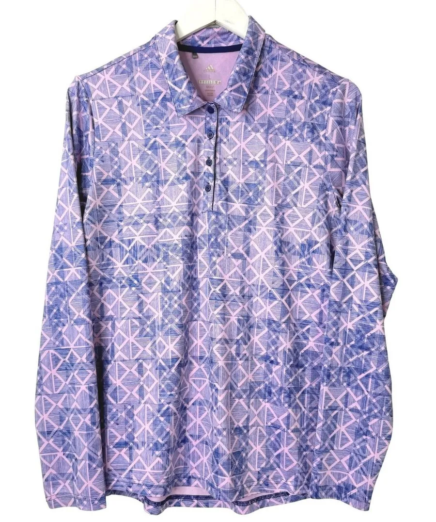 adidas Golf Polo Shirt Women's L Long Sleeve Purple Pink Geometric ClimaLite