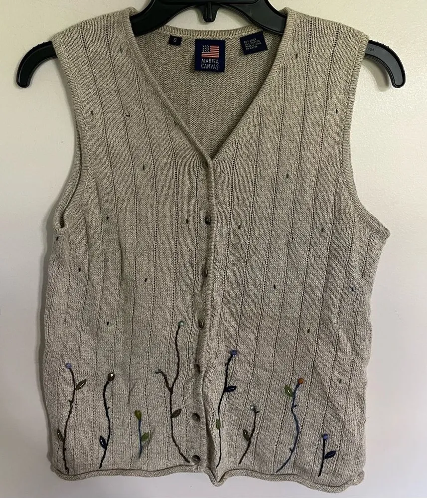 Vintage 90s Beige Linen Floral Cozy Cottagecore Knit Grandma Sweater Vest Small Tan