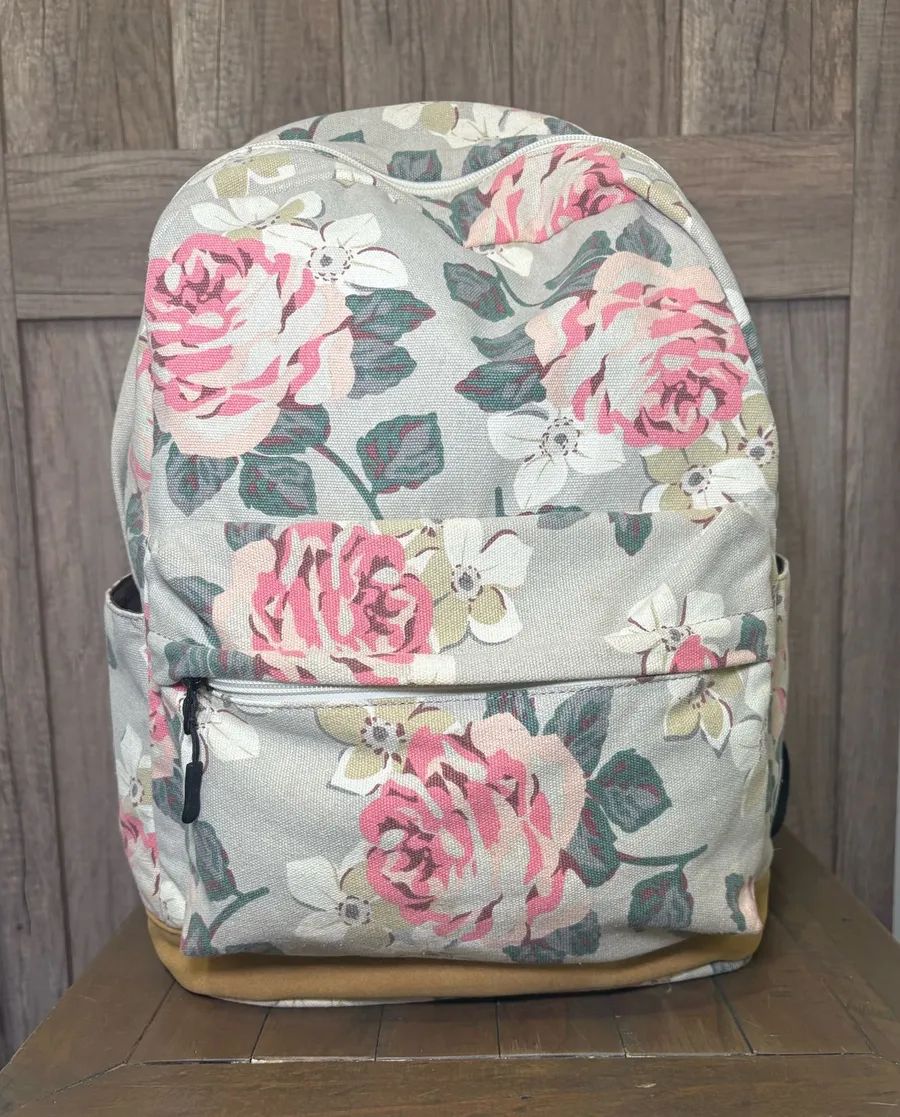 Floral/Gray Canvas Backpack Pink