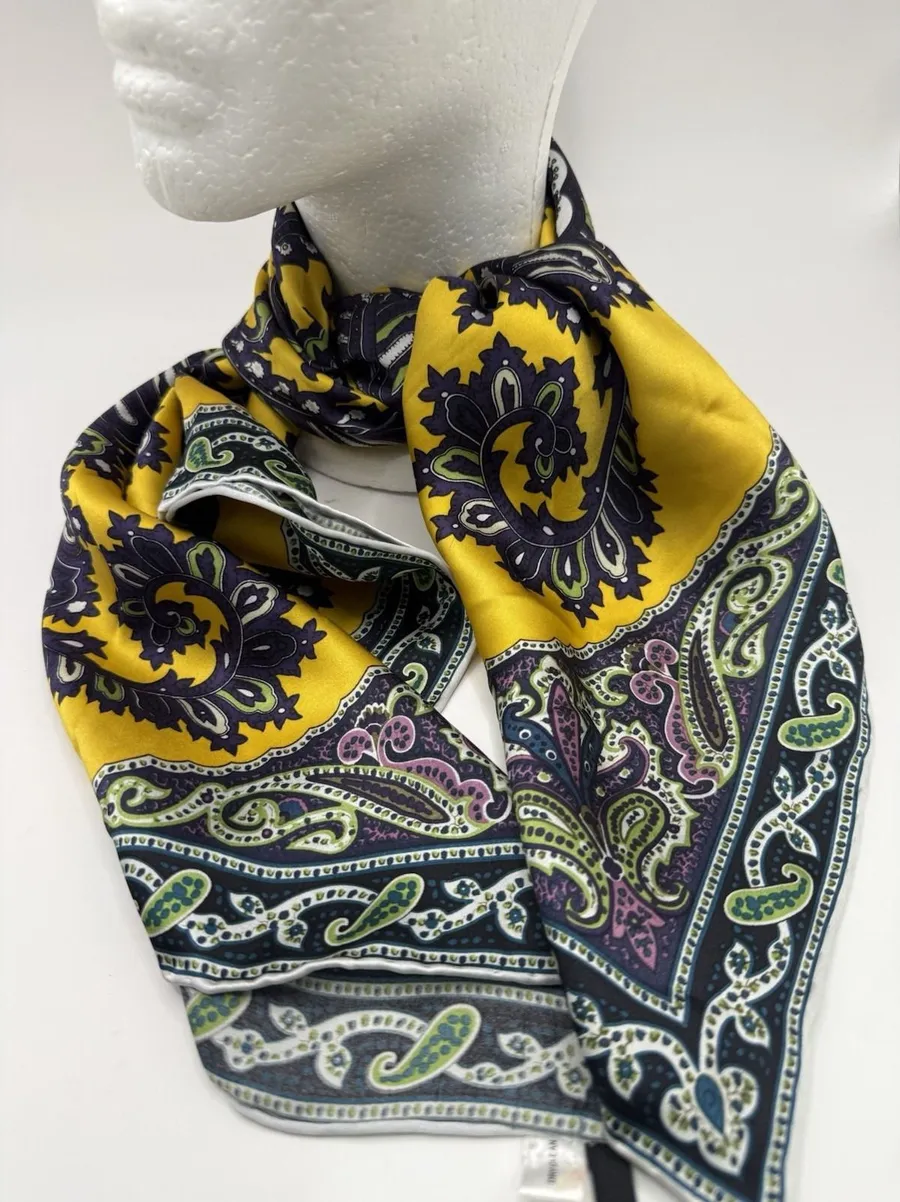 Talbots Silk Scarf Bold Paisley Yellow Blue Black Satin Square 31" Hand Rolled
