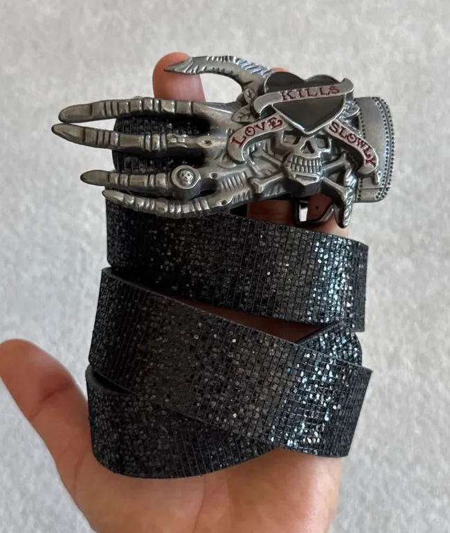 Black Shimmer Skull Buckle Belt