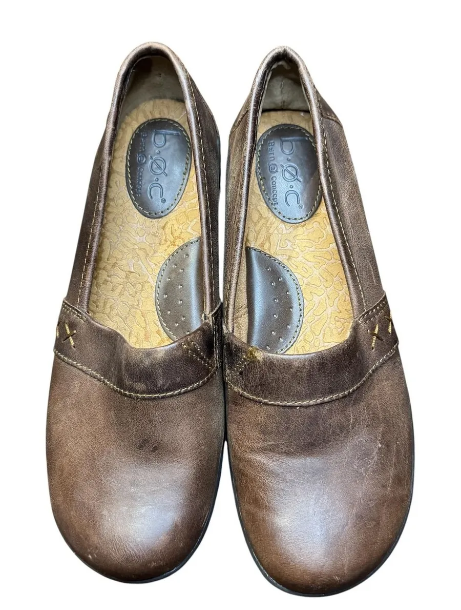 B.o.c Shoes Womens Size 7.5 Brown Leather Slip On Flats Comfort Casual Walking