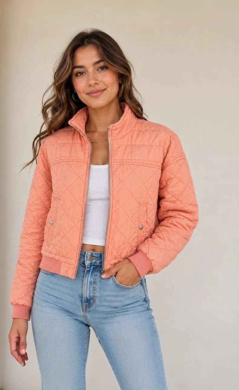 BLANKNYC Quilted Bomber Jacket Salmon/Orange/Pink Lyocell Cropped Zip Up Small